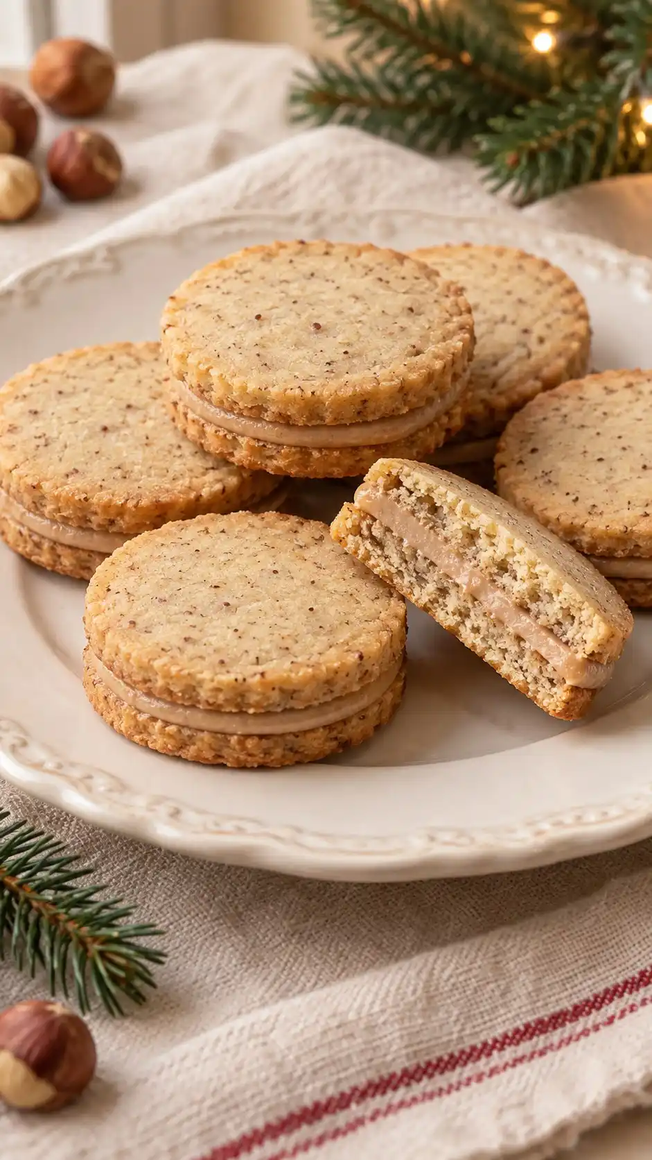 Crisp hazelnut shortbread rounds sandwich a thin, firm praline buttercream that sets neatly for gifting.