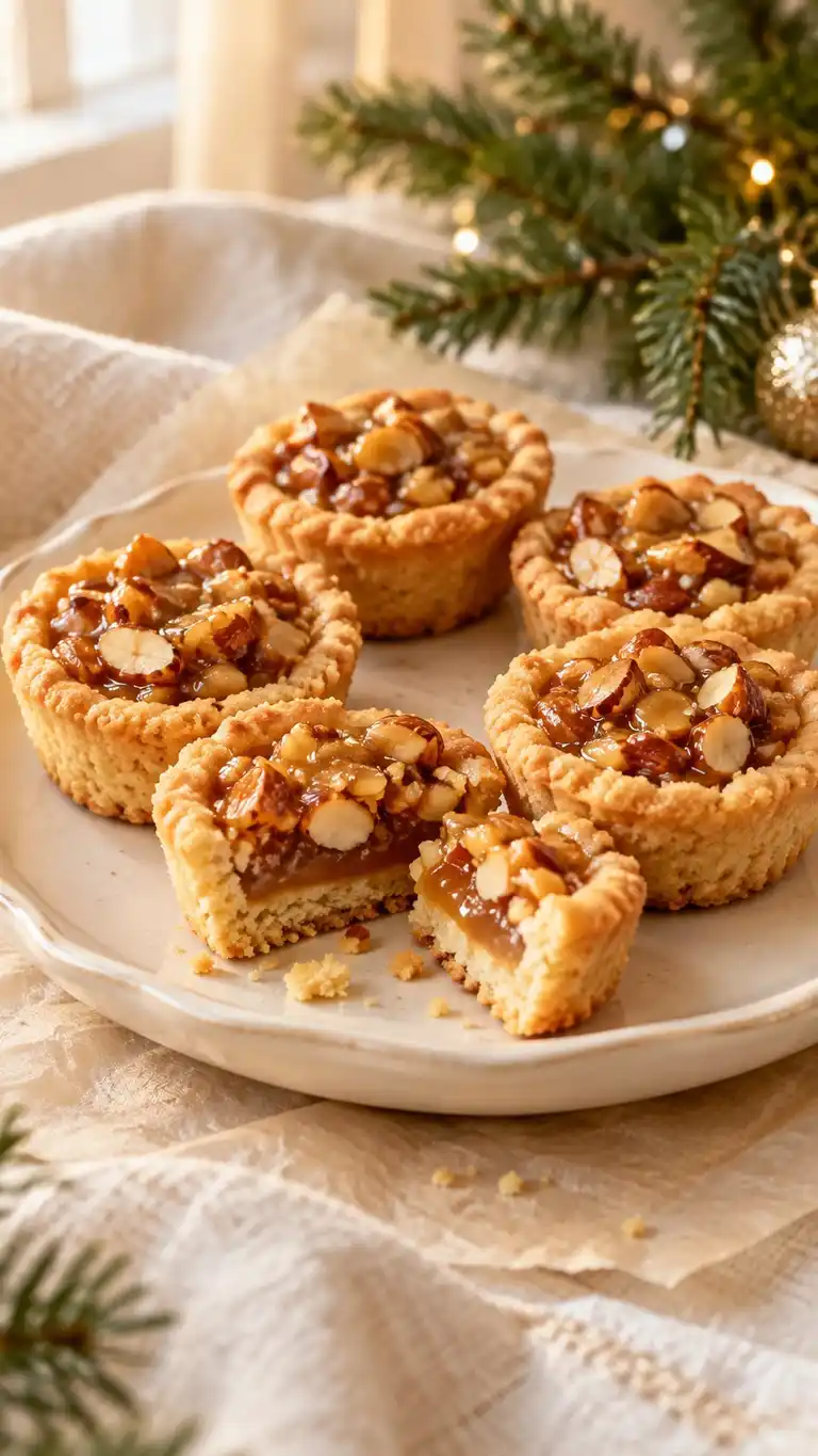 Mini almond-meal shortbread cups baked with a thin cooked honey-almond crunch filling.