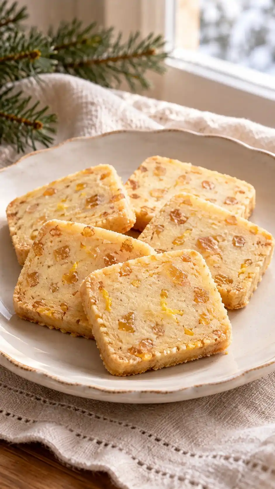 Finely diced crystallized ginger and lemon zest speckle a firm dough log, giving each slice a bright citrus note and chewy ginger bite.