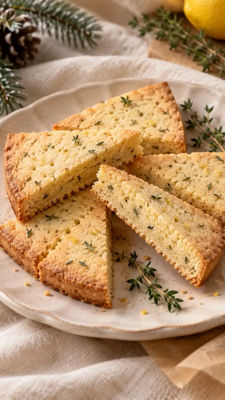 Fresh thyme and lemon zest cut through rich butter in thin pressed wedges, baked low until the centers are dry and crisp.