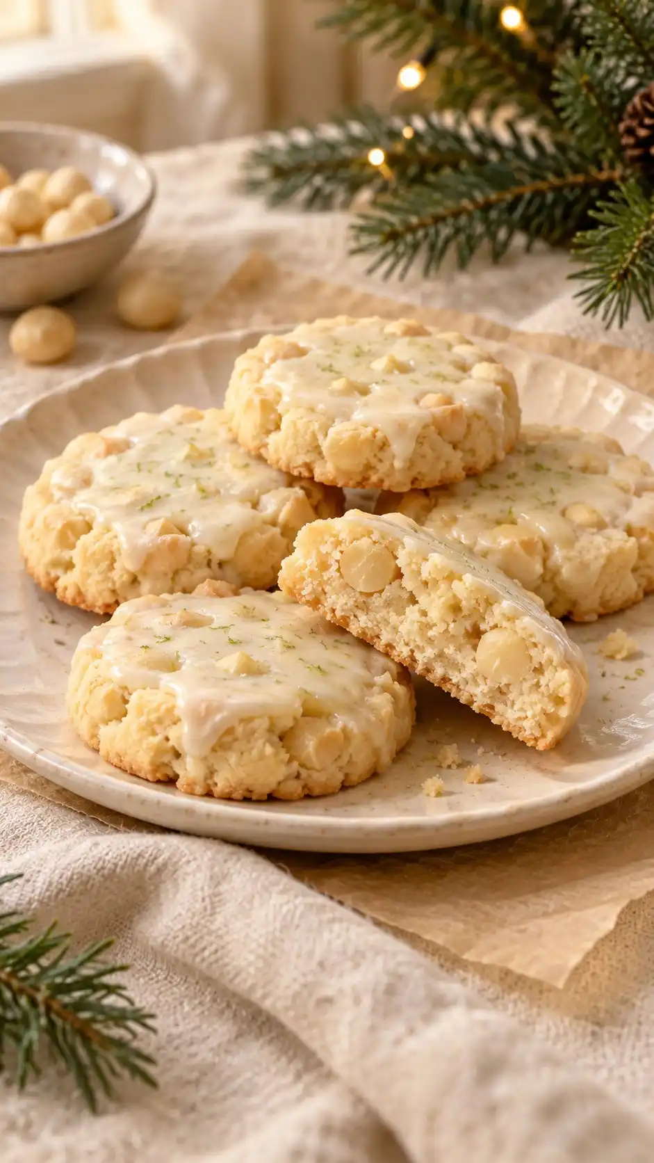 Rice-flour and macadamia shortbread rounds with a thin tart lime glaze.