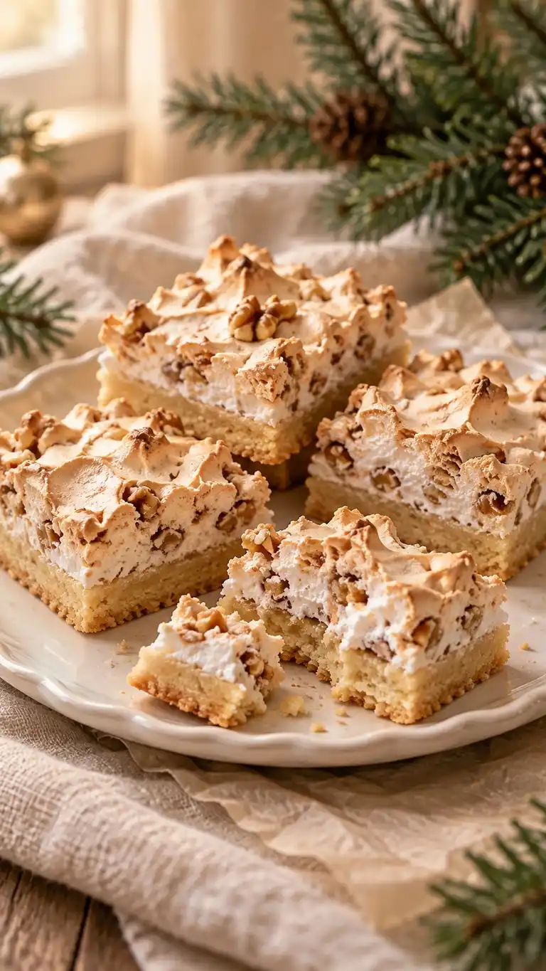 Parbaked shortbread beneath a crisp walnut-studded maple meringue cap.