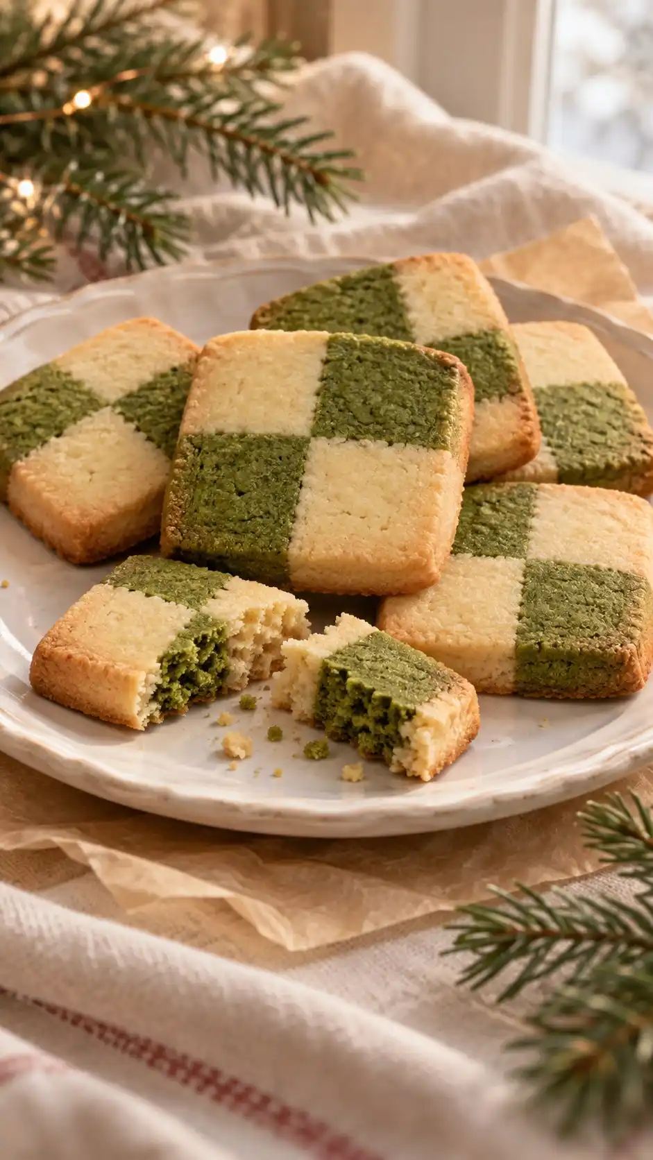 Firm joined dough strips make green-and-cream checkerboards with a tea-shortened crumb.