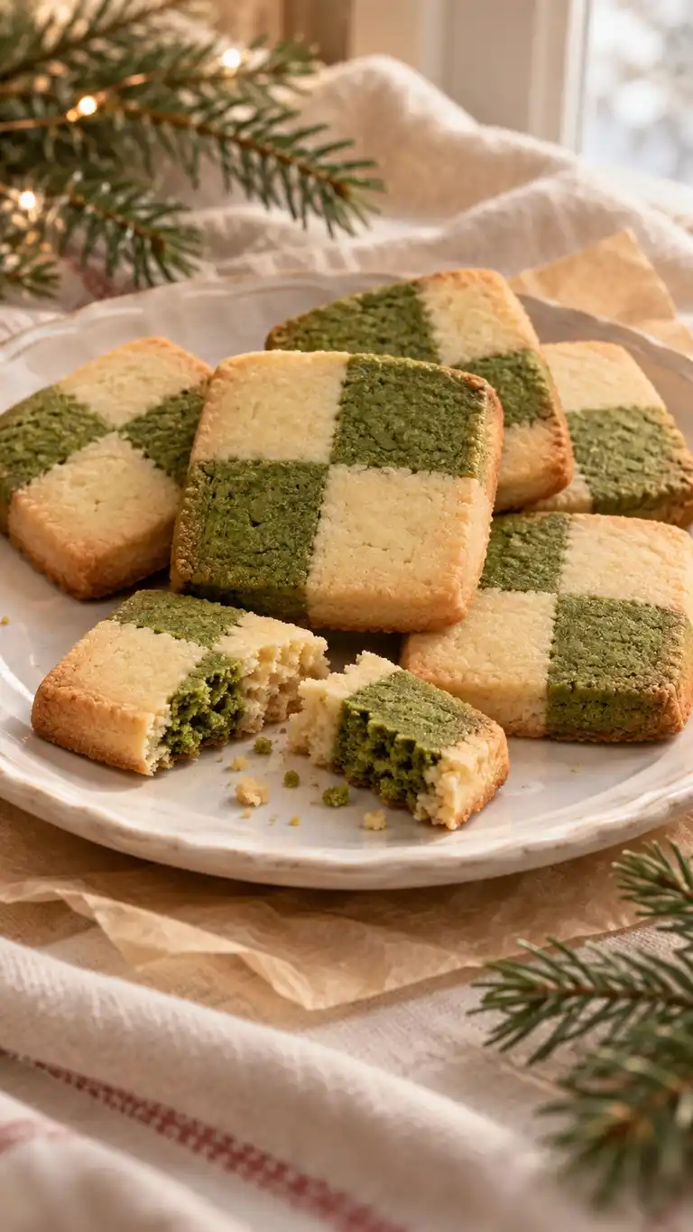 Firm joined dough strips make green-and-cream checkerboards with a tea-shortened crumb.