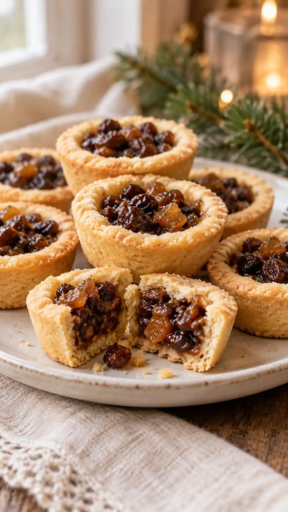 Small yolk-bound shortbread cups carry spiced fruit mincemeat for a cookie-sized Christmas mince-pie bite.