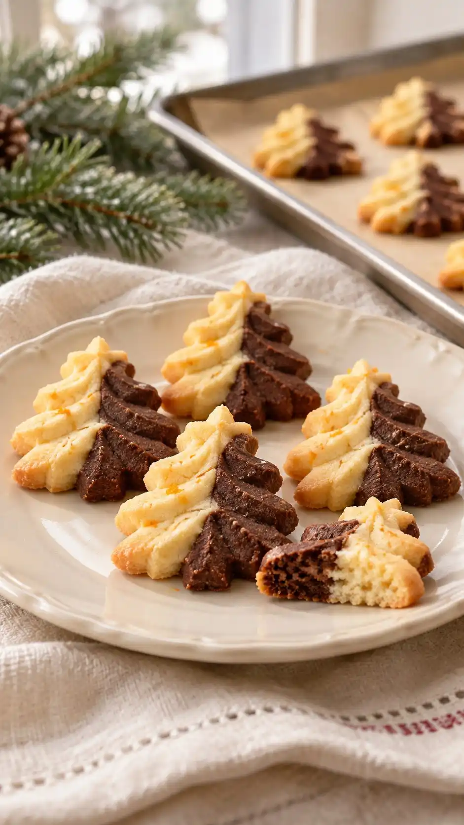 A buttery spritz dough carries orange zest and cocoa in a two-tone tree design pressed directly onto cool baking sheets.