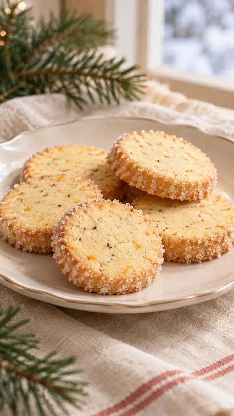 A delicate orange-clove dough gets a sparkling rim of coarse sugar, sliced from a chilled log into crisp, giftable coins.