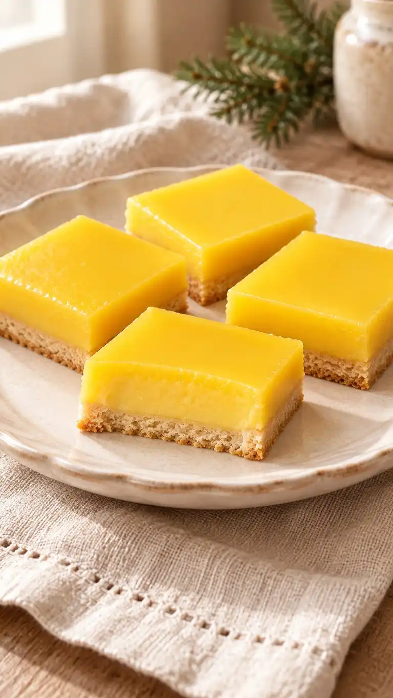 A melted-butter shortbread base under a thick baked passion fruit custard.