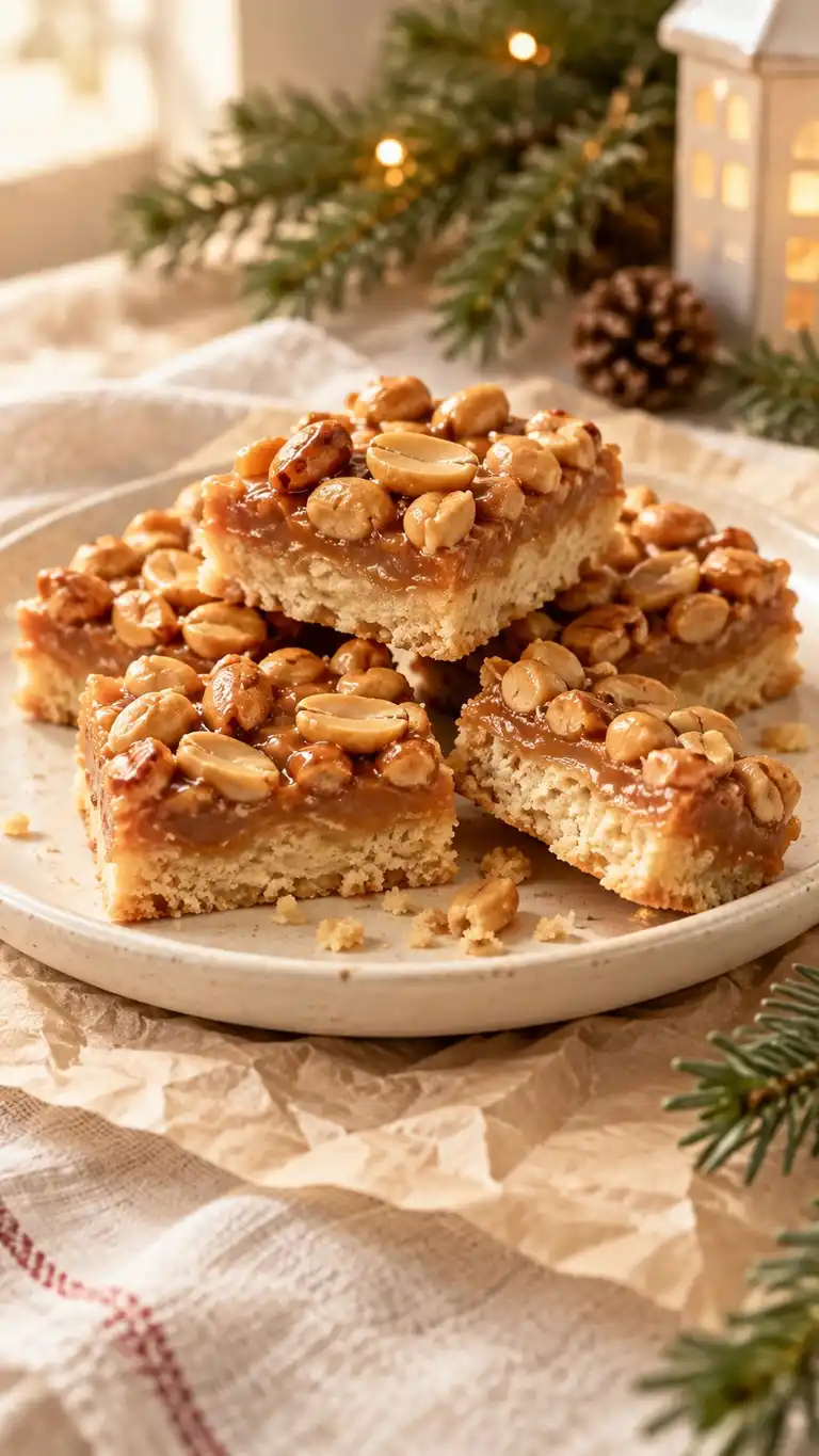 Shortbread squares capped with stirred condensed-milk caramel and roasted peanut crunch.