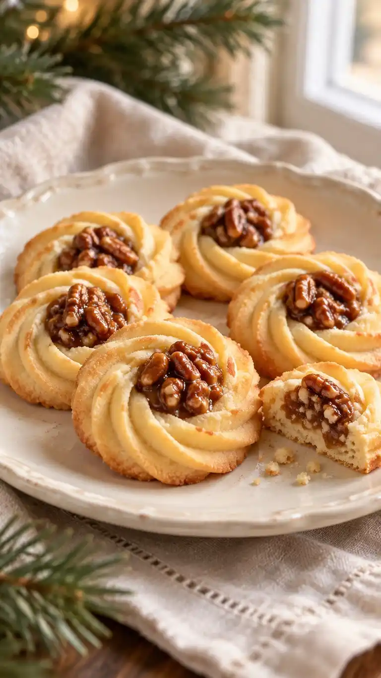 Piped butter shortbread rosettes bake with a crisp ridged edge and a small pecan-praline center pressed into each swirl.