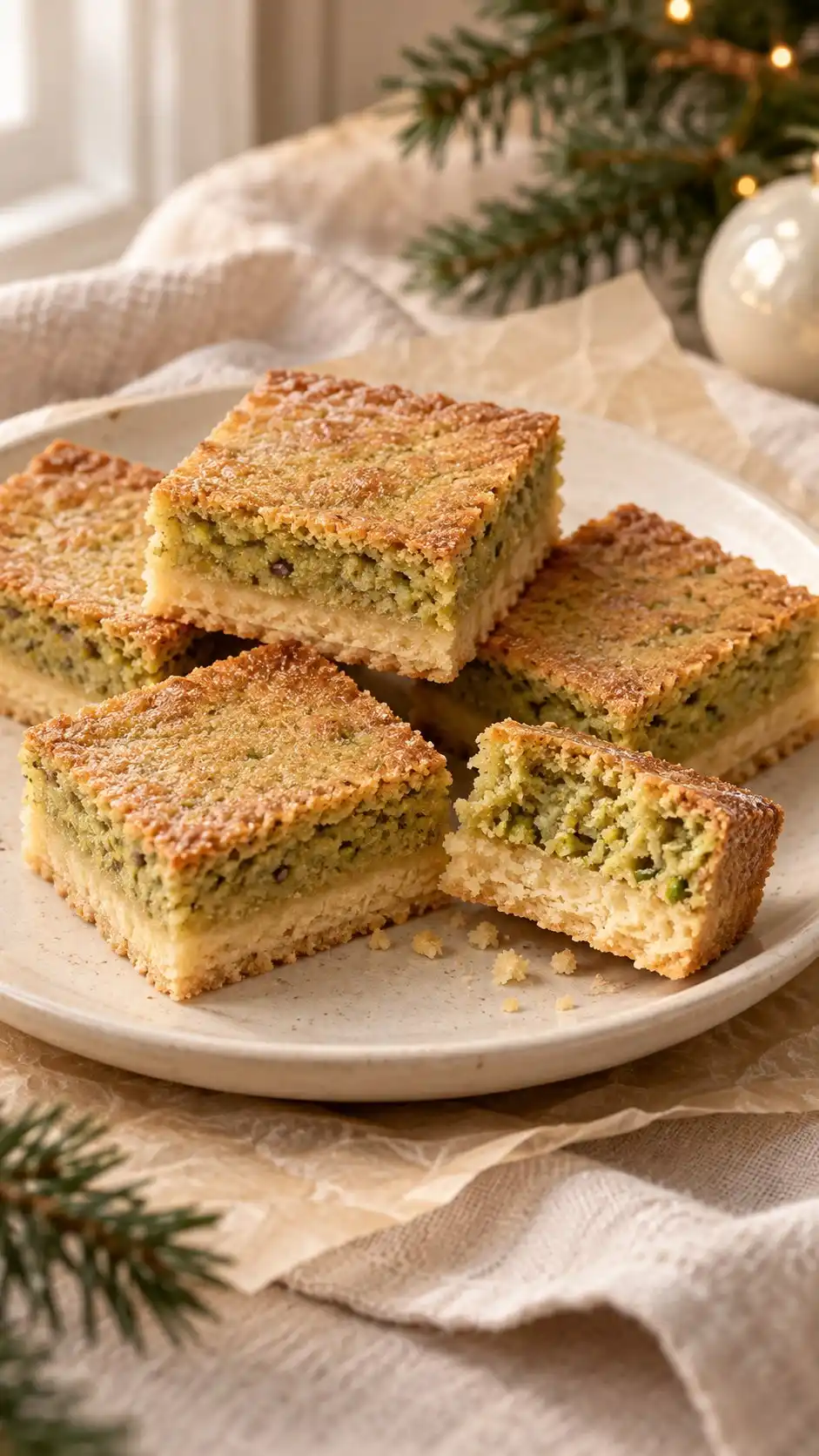 Plain shortbread with a baked pistachio frangipane cap, without a jam or icing layer.