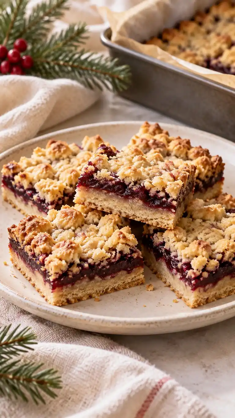 A tart pomegranate molasses layer bakes between a pressed shortbread base and a fine crumb top, then cuts into jewel-toned squares.