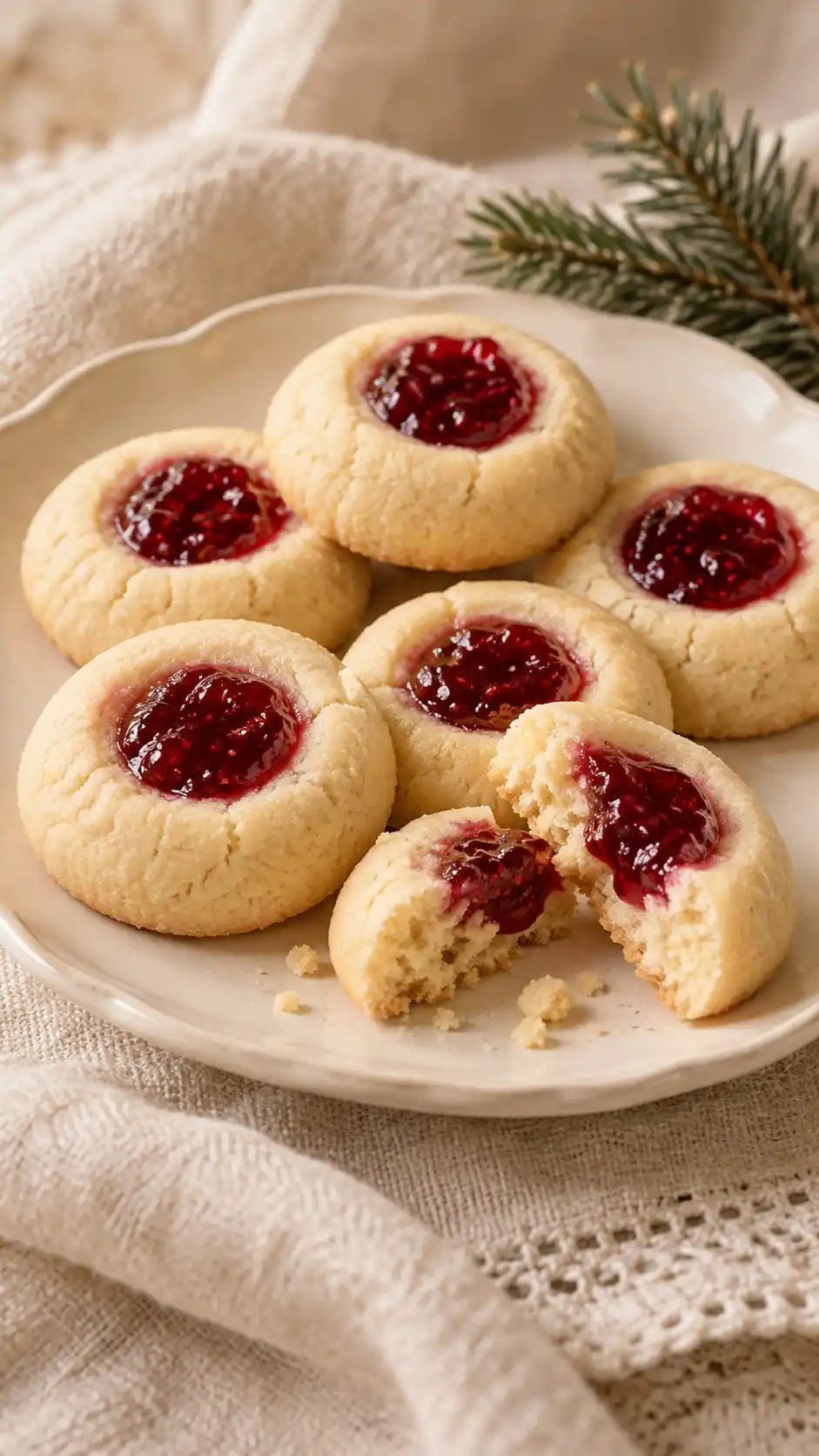 Almond-scented shortbread balls baked with a small raspberry jam center.