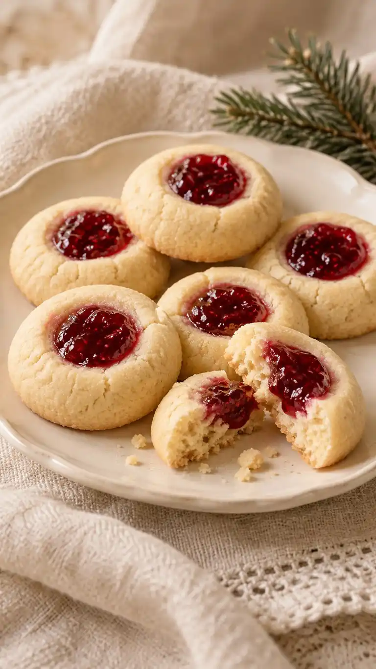 Almond-scented shortbread balls baked with a small raspberry jam center.