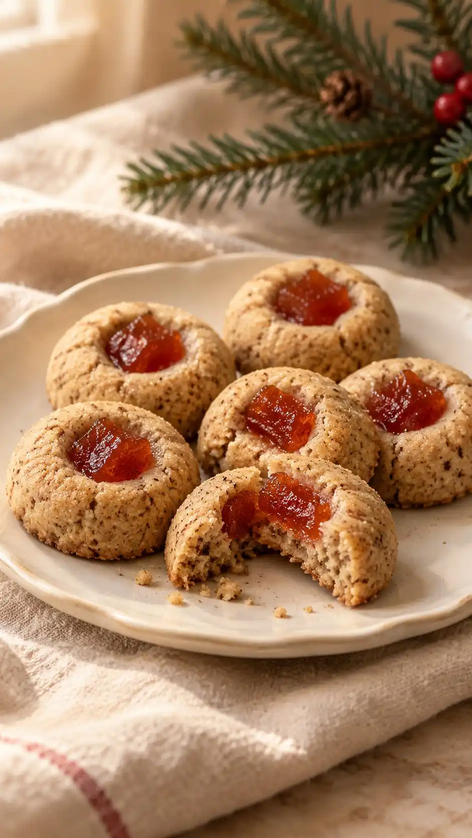 Rye-hazelnut shortbread thumbprints baked with red-orange quince paste in the wells.