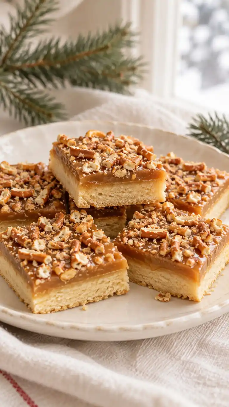 A crisp square shortbread base supports a thin caramel layer and a scatter of finely crushed pretzel for sweet-salty bite.