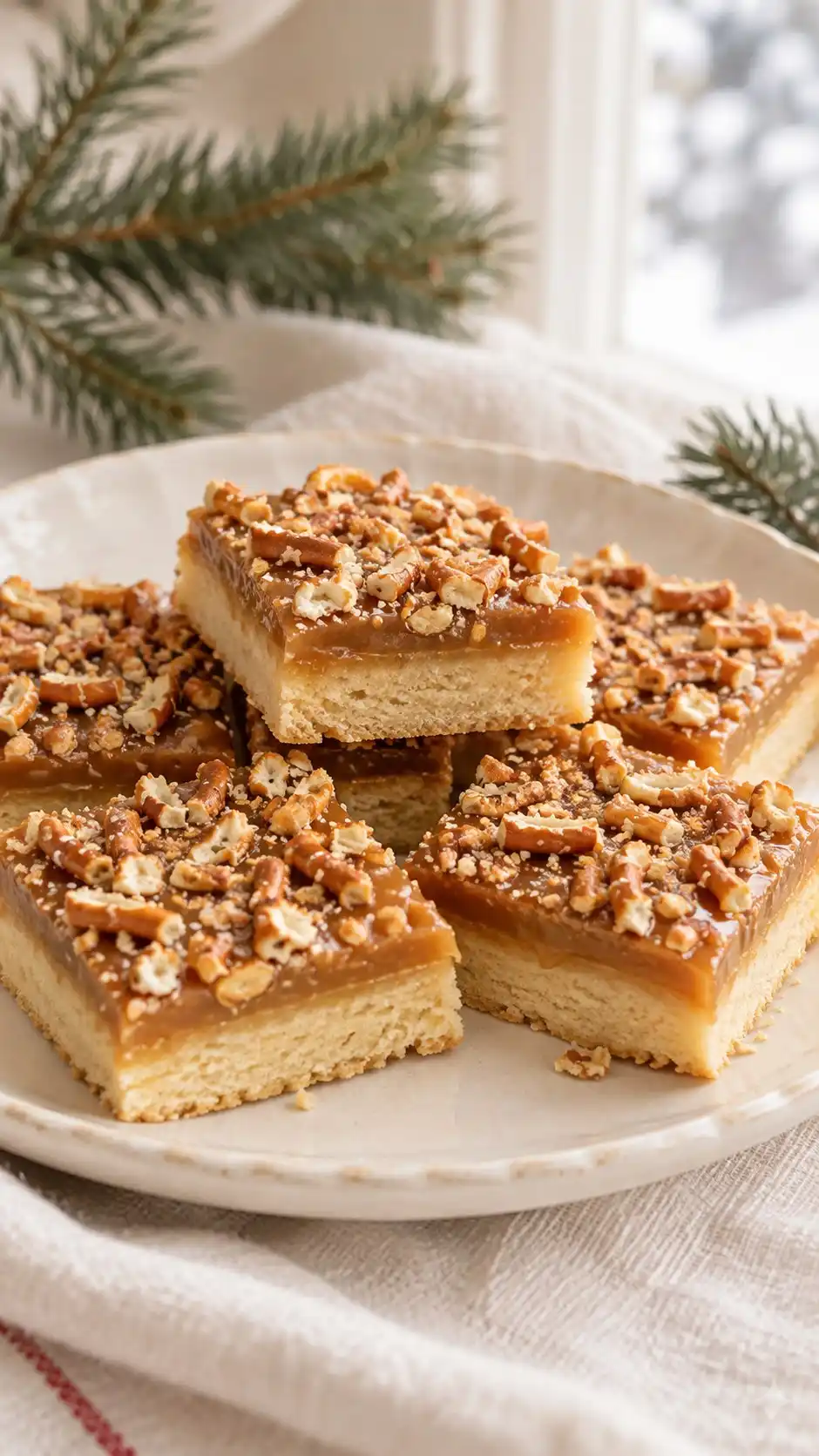 A crisp square shortbread base supports a thin caramel layer and a scatter of finely crushed pretzel for sweet-salty bite.