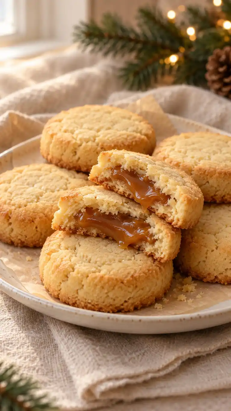 Rice-flour yolk shortbread sealed around small pieces of soft caramel.