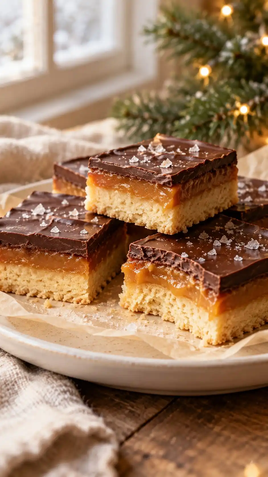 A true butter-shortbread base supports a cooked milk caramel and a thin salted dark-chocolate layer.