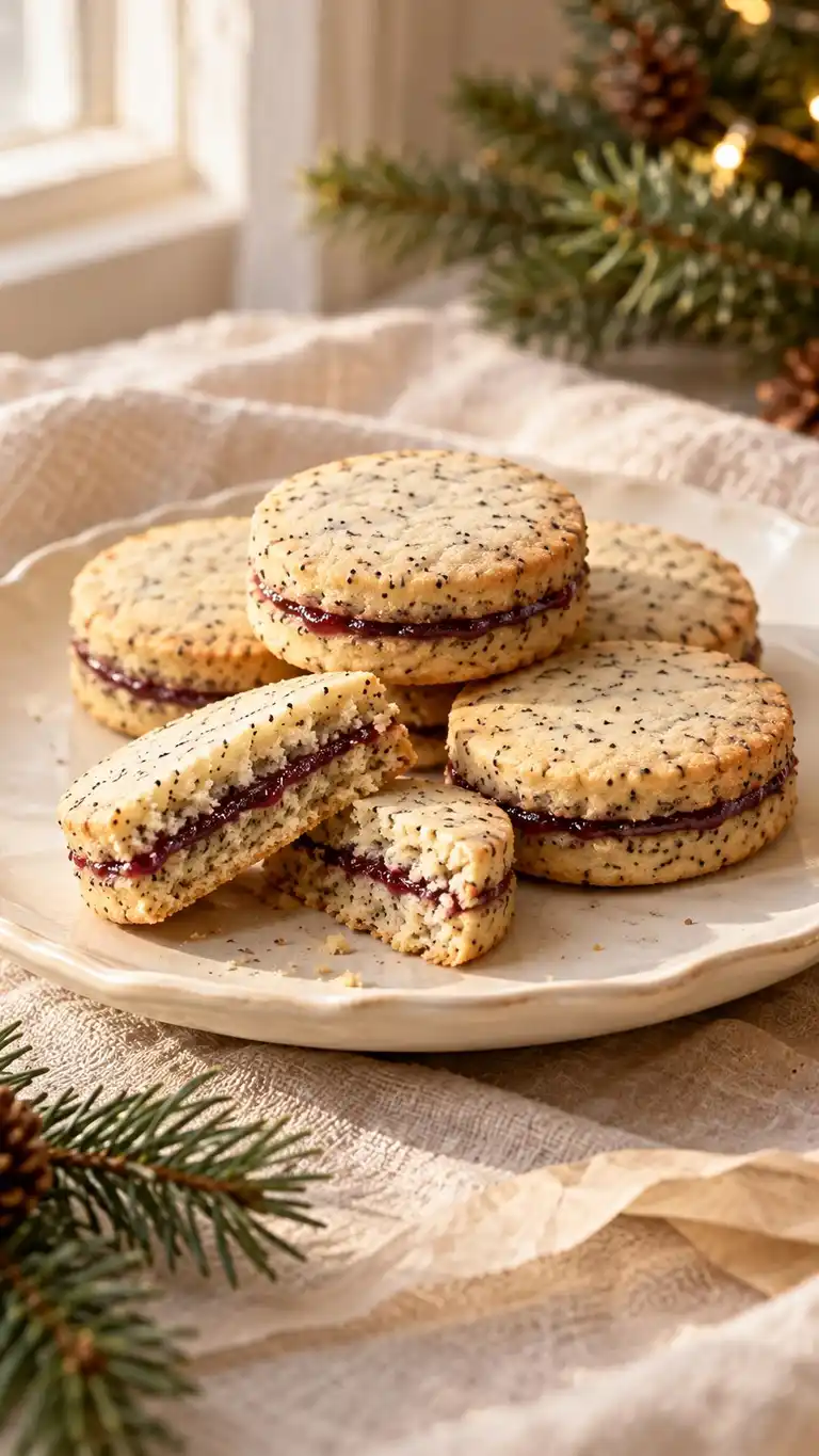 Spelt-and-poppy shortbread rounds joined with a thin fruit-preserve layer.