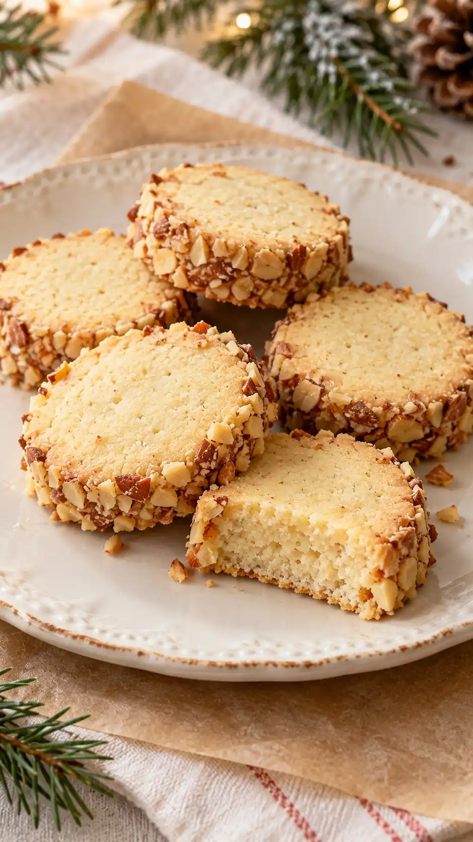 Finely chopped toasted almonds coat the rims of tender shortbread coins, creating a crisp nut edge around a delicate center.
