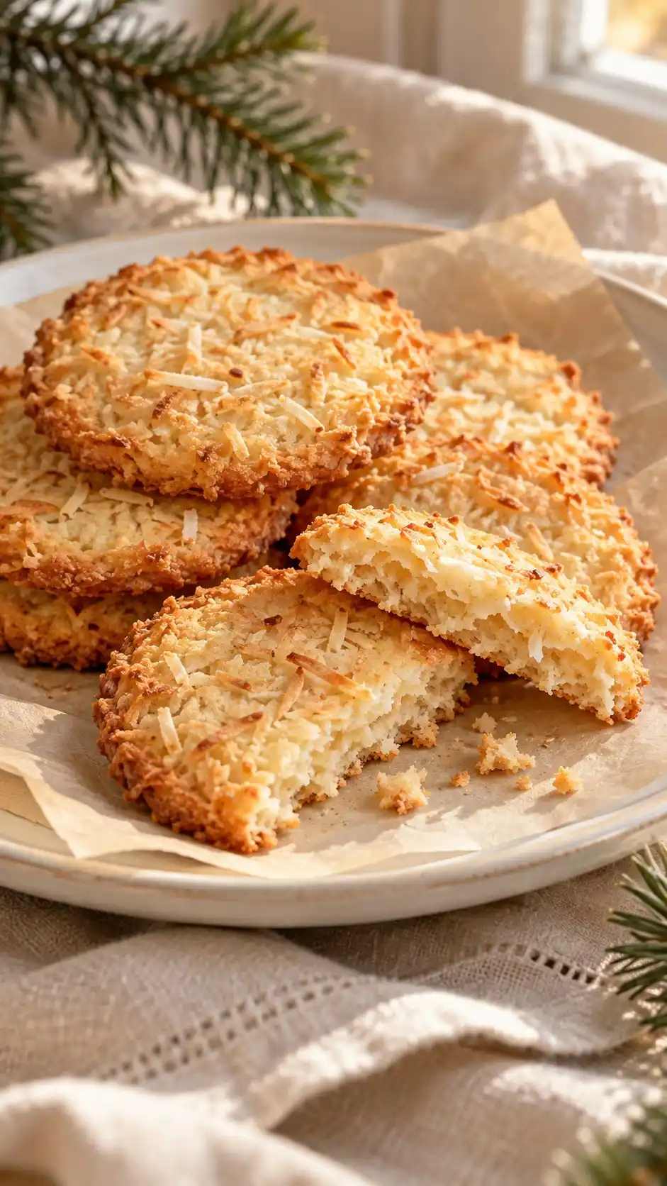 Thin coconut-rich wafers toast their fine coconut strands during baking for a crisp Christmas-tin cookie.