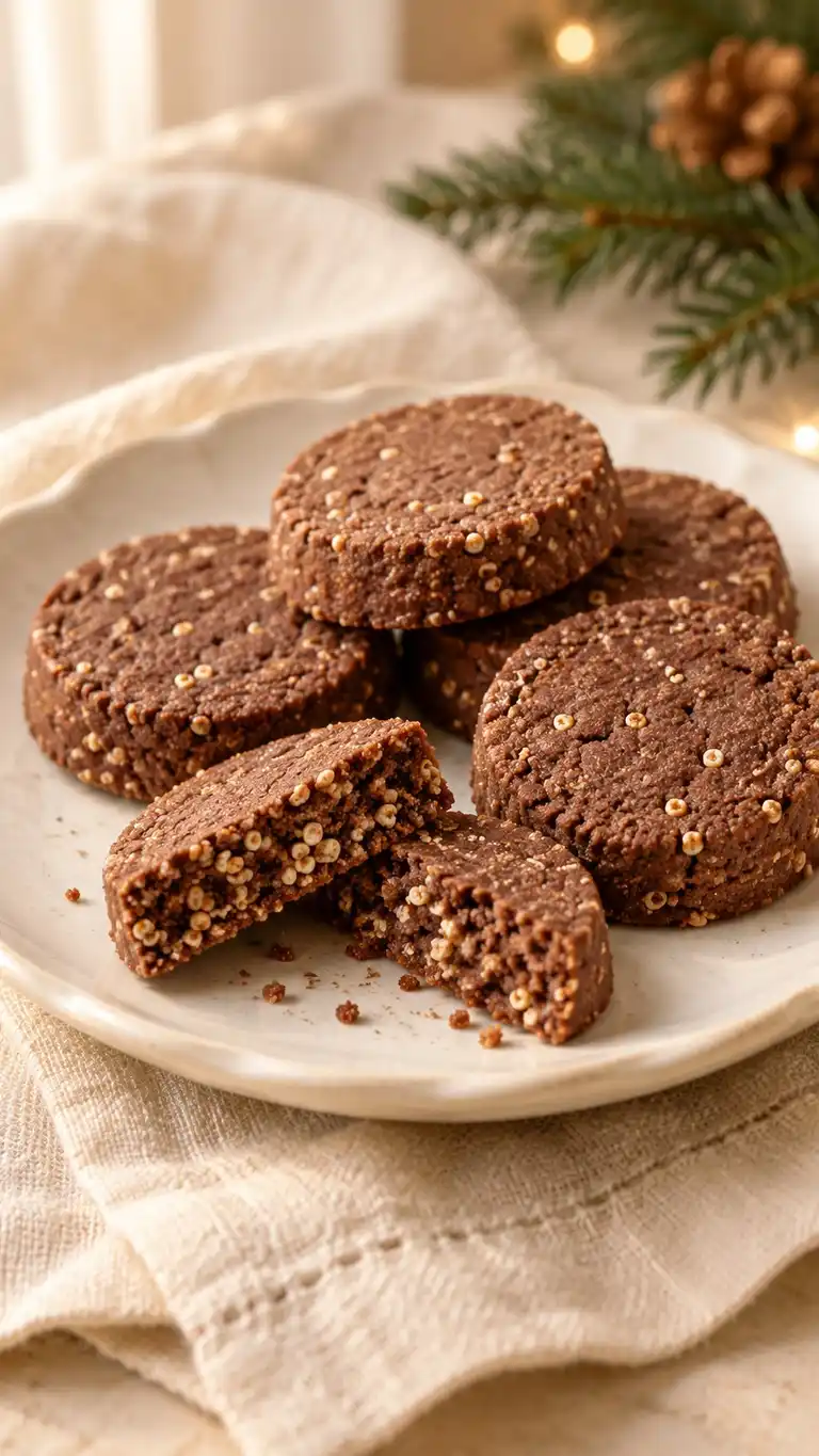 Cocoa shortbread with toasted puffed quinoa for a light granular crunch and a small quinoa-flour substitution.