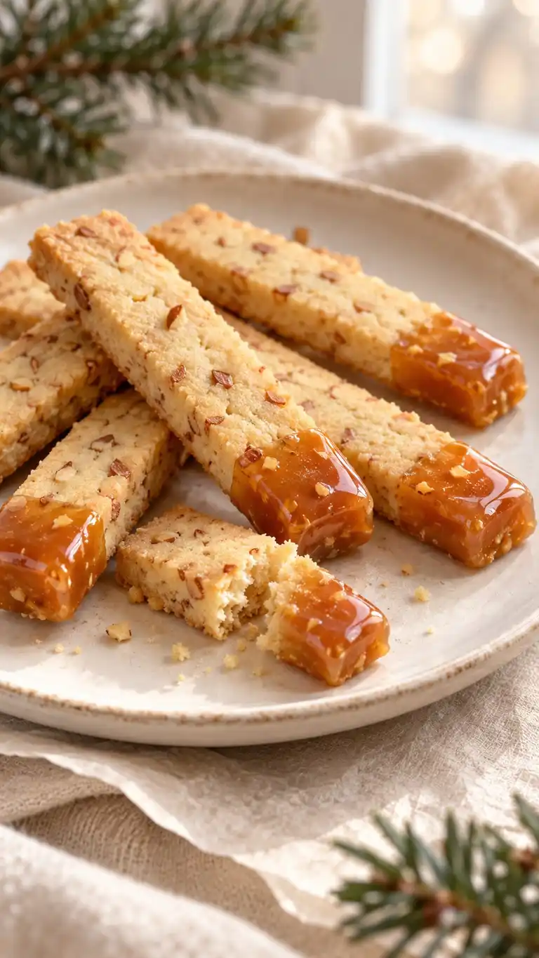 Thin biscuit sticks bake crisp with toasted almond flecks, then receive a narrow toffee coating at one end for easy dipping and gifting.