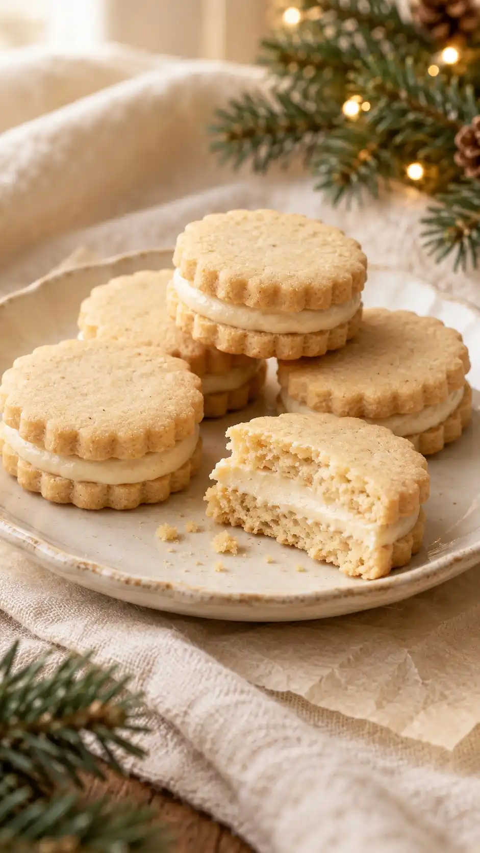 Vegan rice-flour cashew shortbread discs joined with a pale cashew cream.