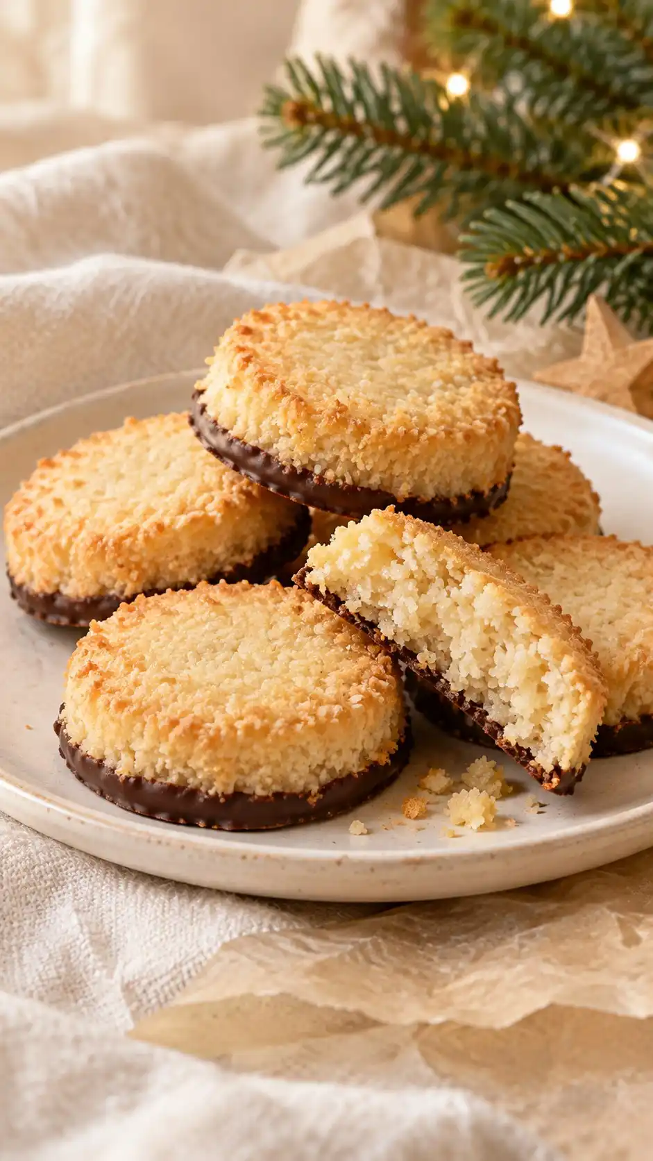Vegan semolina-coconut shortbread rounds finished with thin dairy-free chocolate bases.