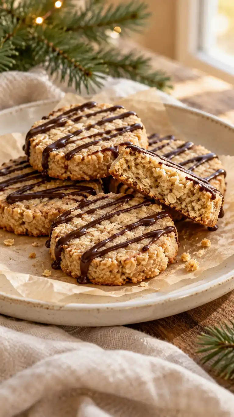 Certified gluten-free oat flour and tapioca bind a firm vegan cookie finished with a thin dark-chocolate drizzle.