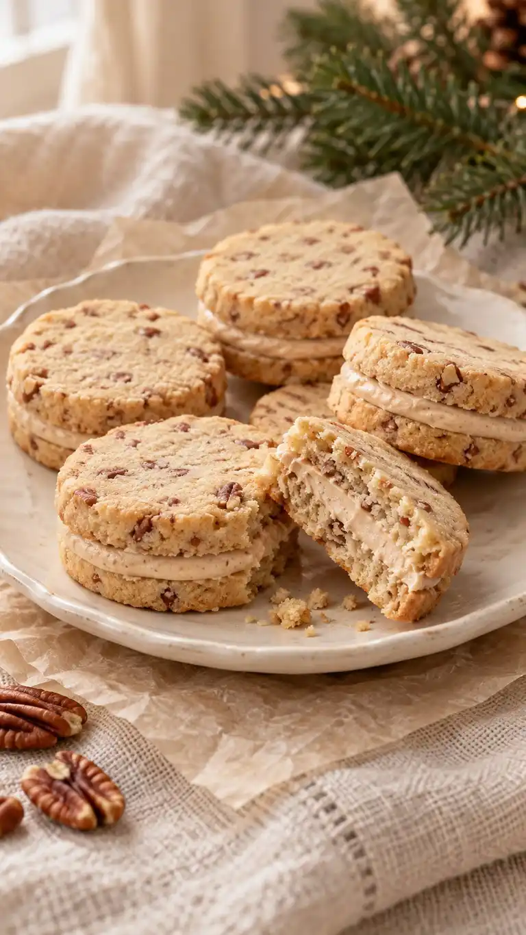 Vegan oat-pecan shortbread sandwiches with a pale maple nut buttercream.