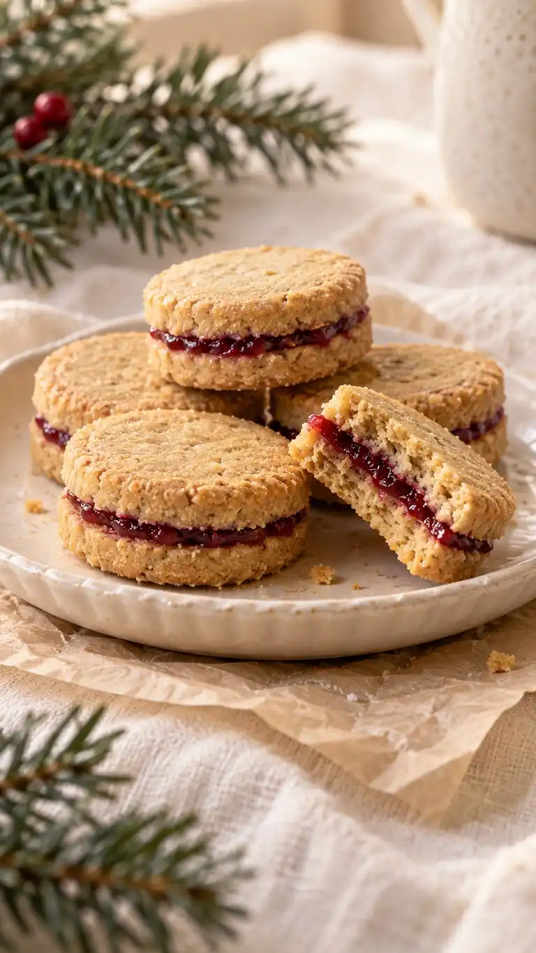 Vegan peanut-cornmeal shortbread discs with a thin red berry-jam stripe.