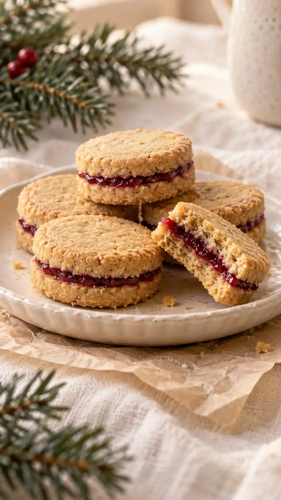 Vegan peanut-cornmeal shortbread discs with a thin red berry-jam stripe.