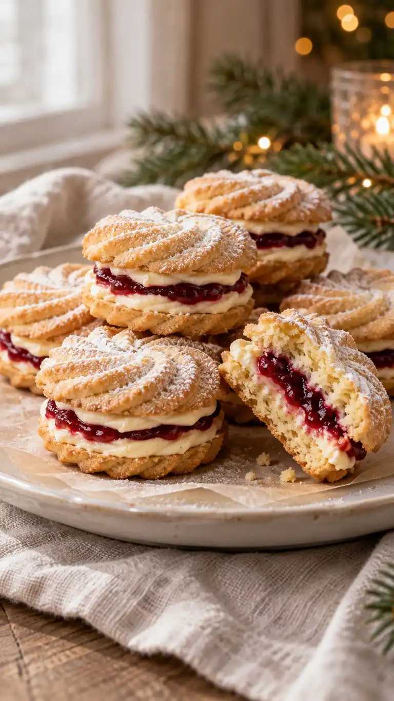 Airy piped shortbread pairs enclose vanilla buttercream and raspberry jam for a delicate Christmas sandwich.