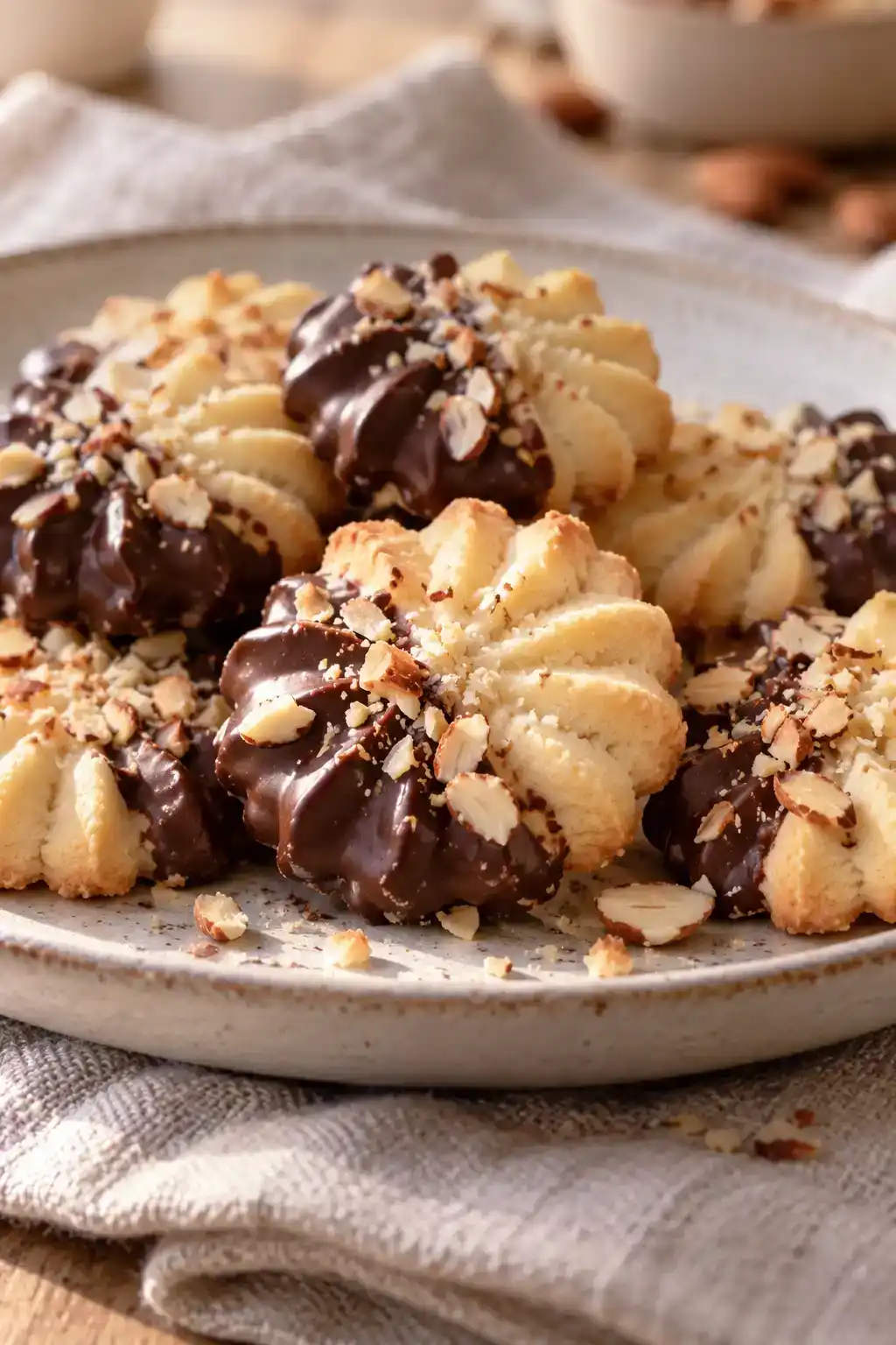 A batch of almond chocolate spritz cookies arranged on a ceramic plate.