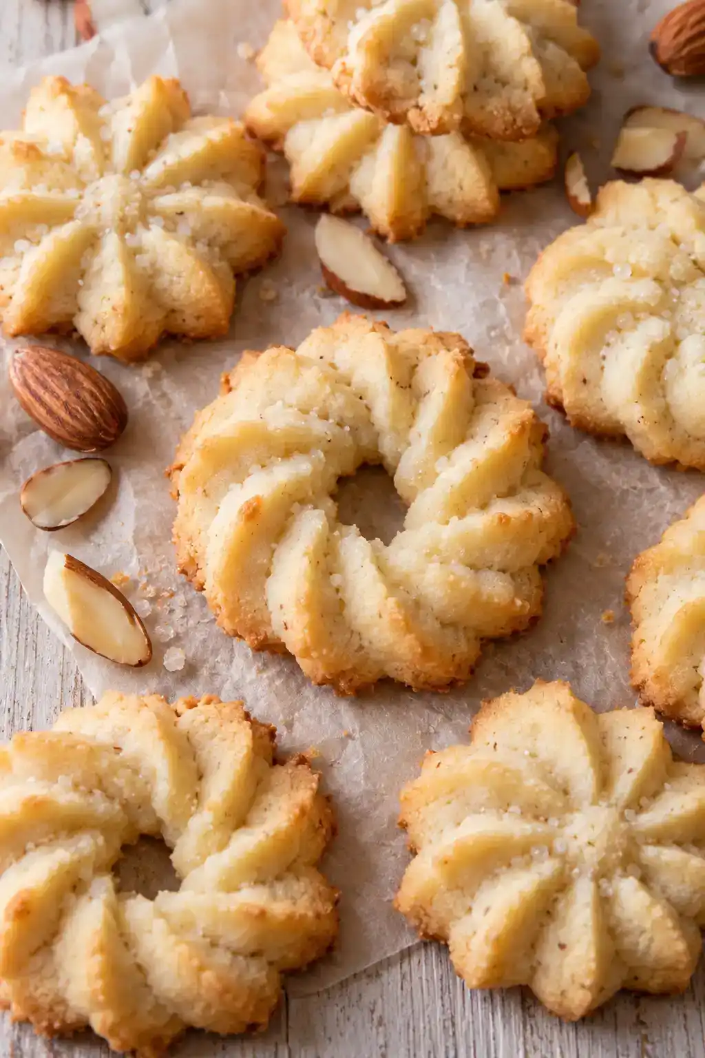 A batch of almond spritz cookies arranged on a ceramic plate.