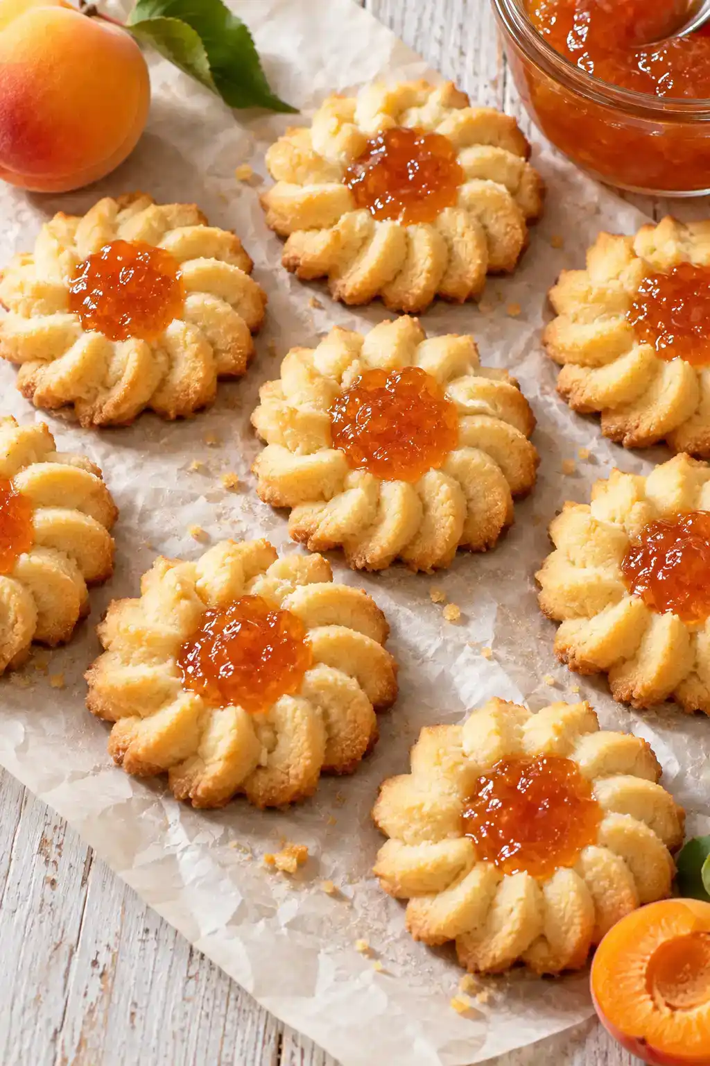 A batch of apricot jam spritz cookies arranged on a ceramic plate.