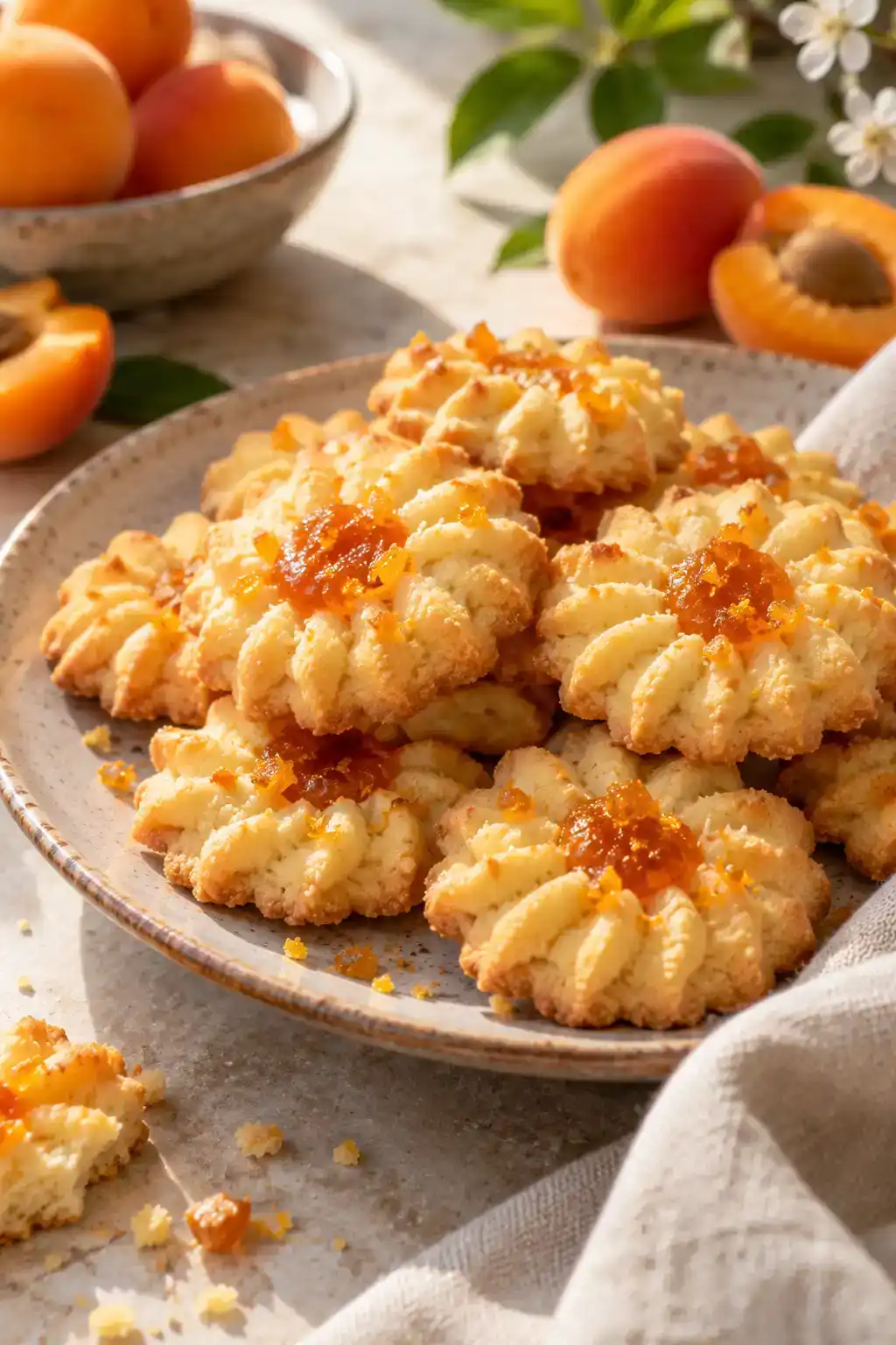 A batch of apricot spritz cookies arranged on a ceramic plate.