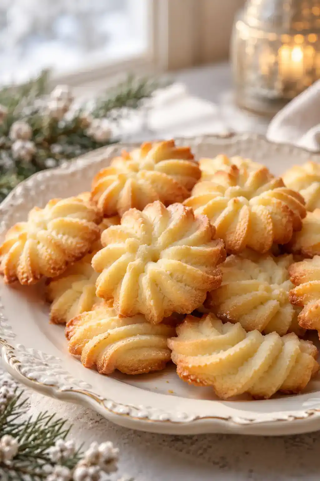 A batch of bakery-style spritz cookies arranged on a ceramic plate.