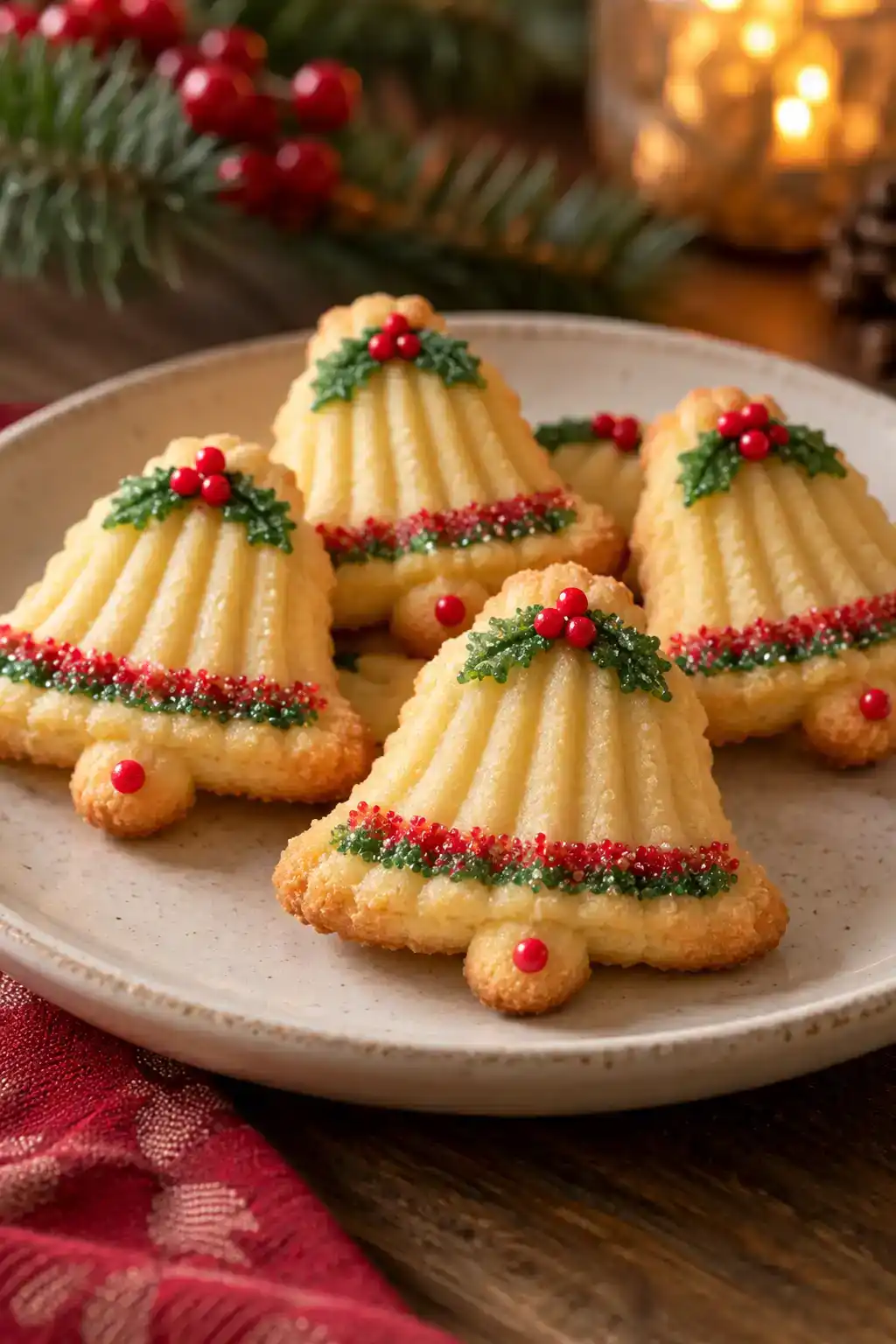 A batch of bell-shaped spritz cookies arranged on a ceramic plate.