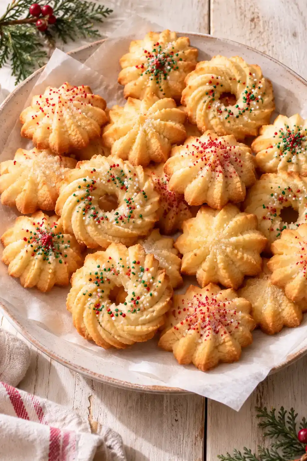 A batch of big-batch christmas spritz cookies arranged on a ceramic plate.
