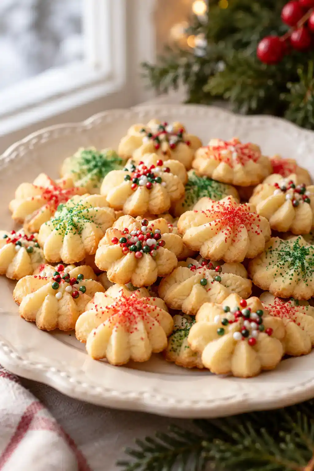 A batch of bite-size spritz cookies arranged on a ceramic plate.