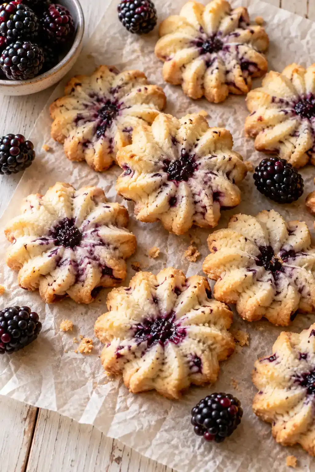 A batch of blackberry spritz cookies arranged on a ceramic plate.