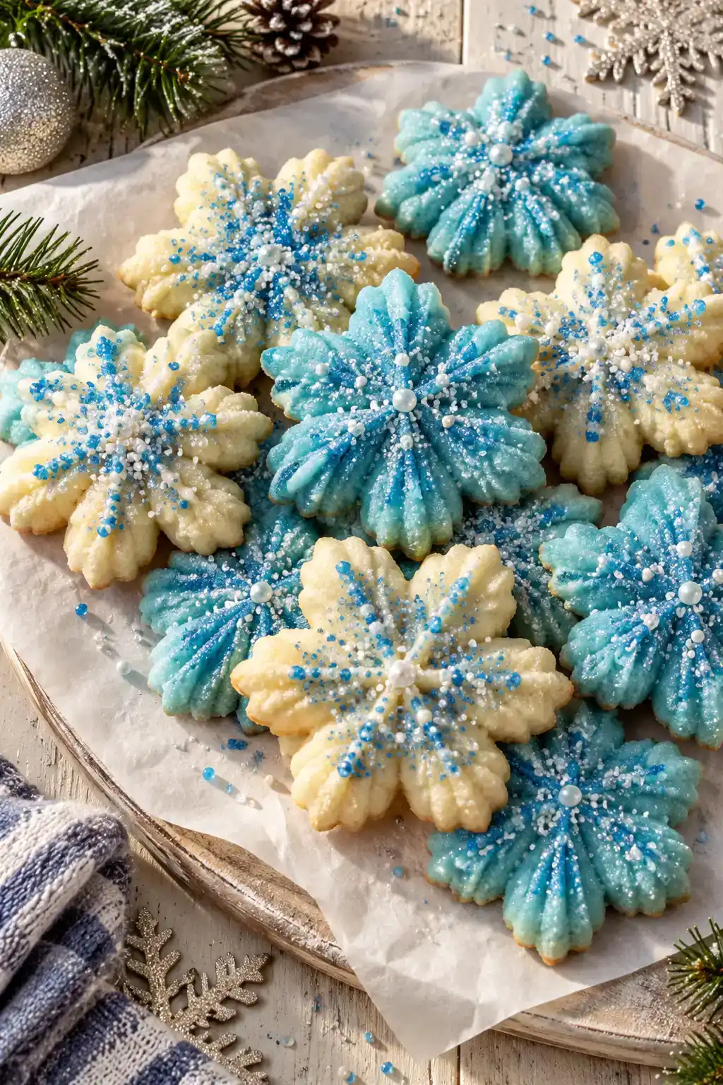 A batch of blue christmas spritz cookies arranged on a ceramic plate.