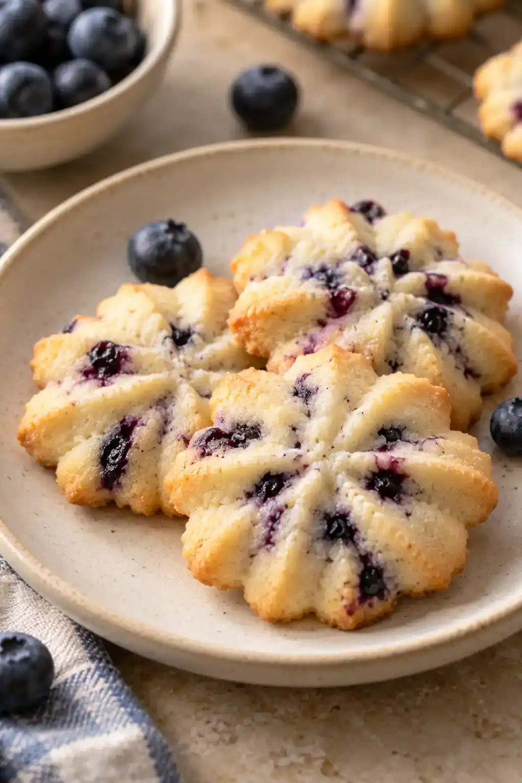 A batch of blueberry spritz cookies arranged on a ceramic plate.