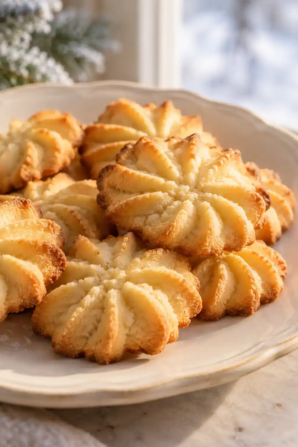 A batch of brown butter spritz cookies arranged on a ceramic plate.
