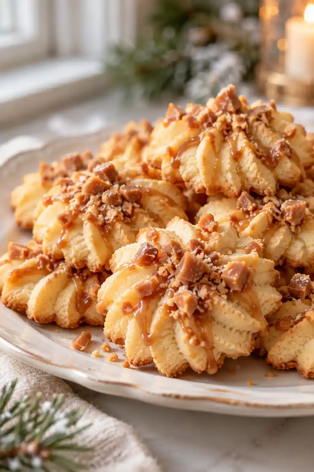 A batch of butterscotch spritz cookies arranged on a ceramic plate.