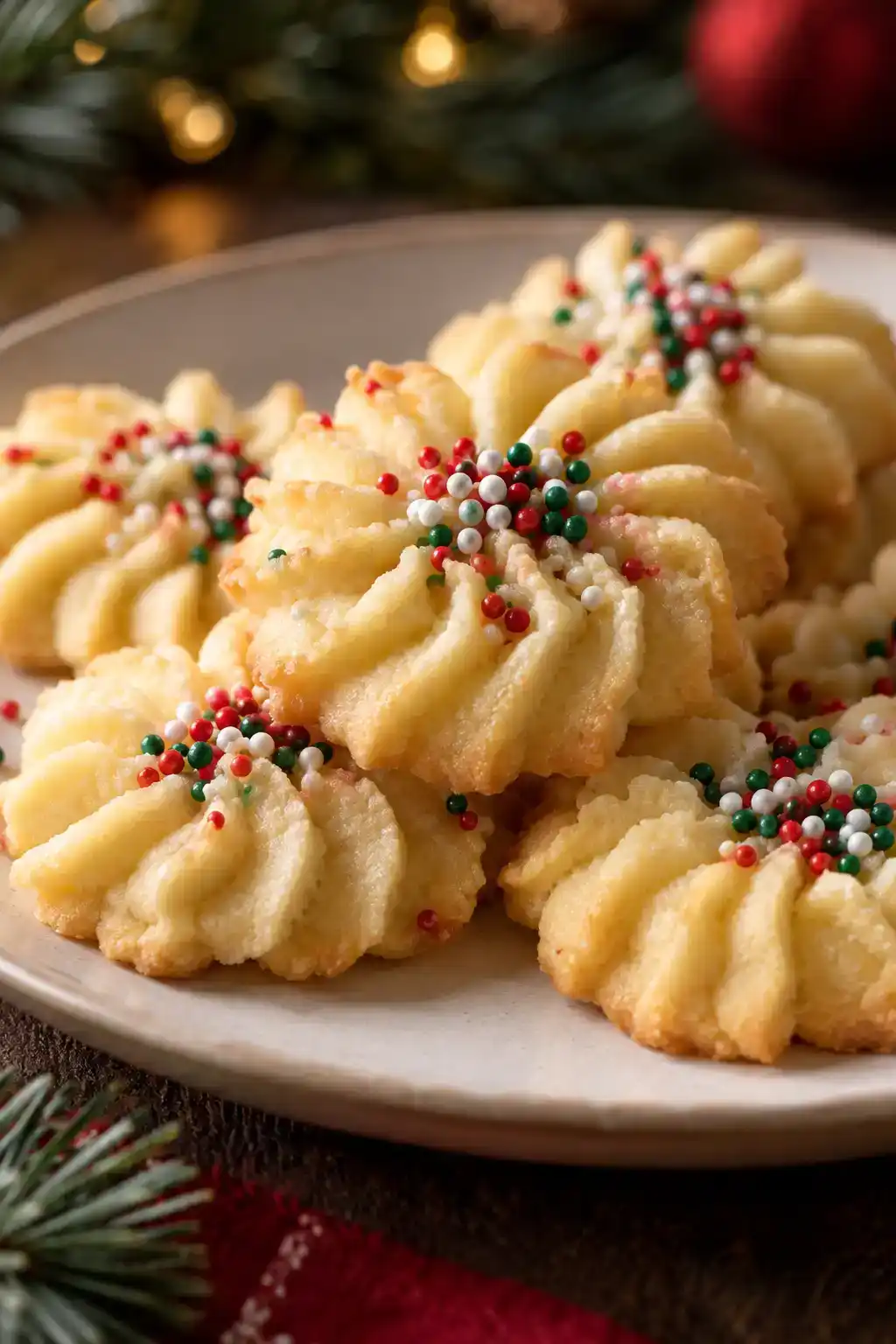 A batch of buttery spritz cookies arranged on a ceramic plate.