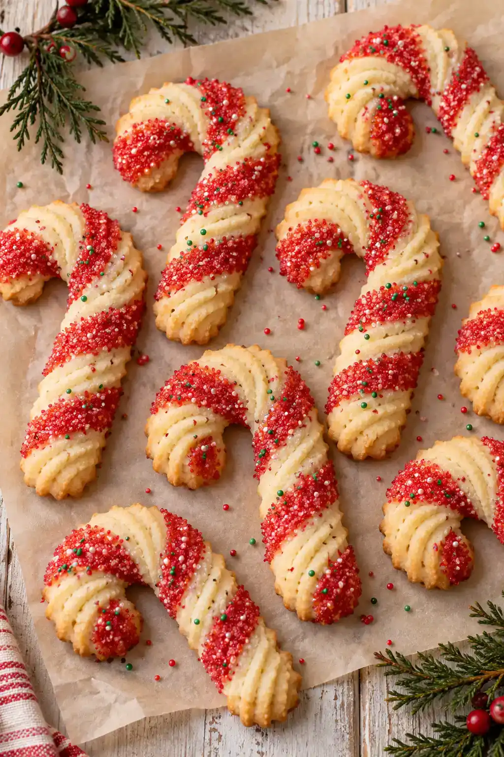 A batch of candy cane-shaped spritz cookies arranged on a ceramic plate.